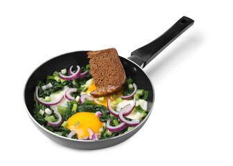 Tasty shakshuka with piece of bread isolated on white