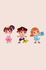 Fototapeta premium Grupo de niños felices disfrazados que juegan para invitación, afiche, post