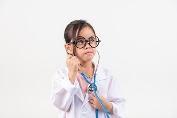 Asia little girl playing doctor isolated on white