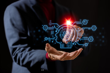 Business man Analytics and Data Management System on computer, make a report with KPI and metrics connected to database. Corporate strategy for finance, operations, sales, marketing.