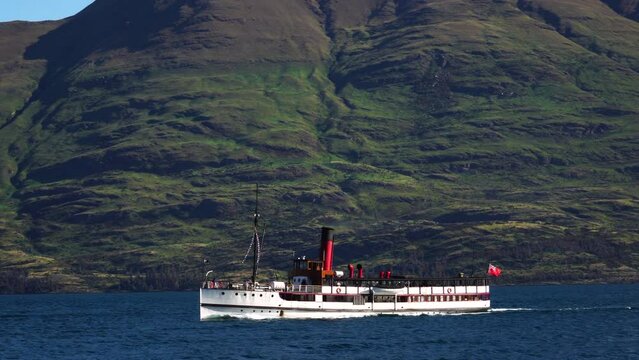 Historic coal-fired steamship TSS Earnslaw cruising on Lake Wakatipu, Queenstown