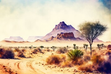 High Detail Watercolor Landscape of a Bountiful Sahara Desert with Mountain Generative AI illustration  - obrazy, fototapety, plakaty