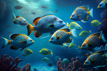 Fototapeta na wymiar School of fish swimming in the ocean. Generative AI.