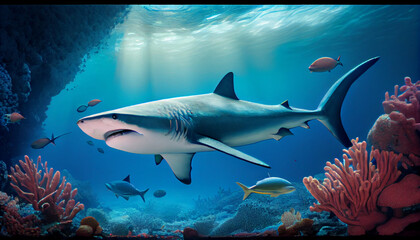 Fototapeta premium Illustration of a shark swimming above a tropical reef. Generative AI.