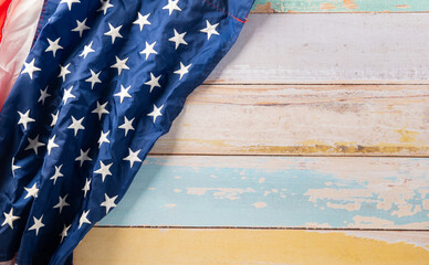 USA flag for Memorial day on abstract wooden background, Banner template design of presidents day concept, flag of United States American with copy space, President's Day