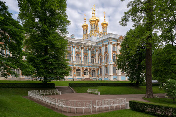 View of the Church of the Ascension of Christ-the palace church of the Catherine Palace in Tsarskoye Selo on a early summer morning, Pushkin, Saint Petersburg, Russia