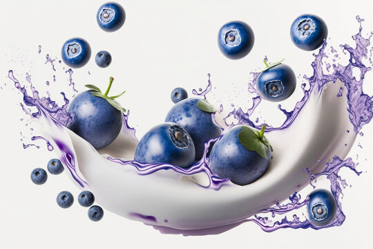 blueberries falling into milk, yogurt splash. Generative AI.
