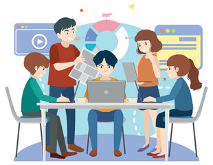 Diverse people discussing business plan