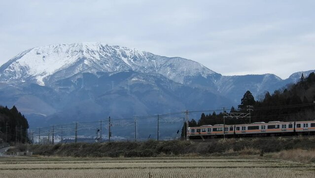 冠雪した伊吹山を背景に走る313系普通列車