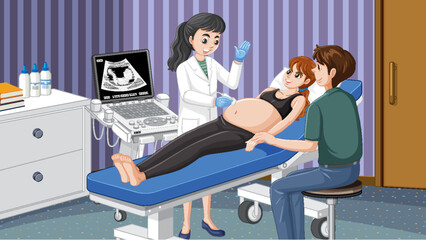 Doctor doing ultrasound scan for pregnant woman in hospital