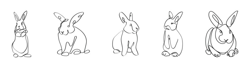 Set of cute drawn bunnies on white background