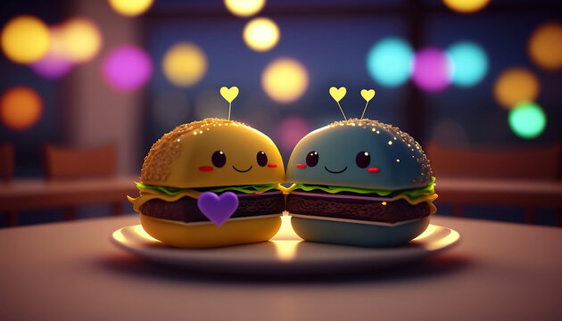 Cute image of the burger characters full of love and happiness. Abstract picture of romantic dinner. Food Character concept Generative AI.