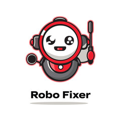 Robo Fixer mascot logo for helping assistant robots. Premium Vector design.