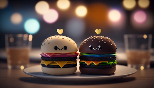 Cute image of the burger characters full of love and happiness. Abstract picture of romantic dinner. Food Character concept Generative AI.