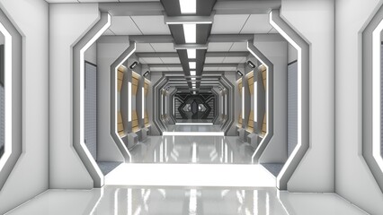futuristic Corridor with door on spaceship, sci-fi spaceship interior. Metal wall background. 3d renders © Agusta