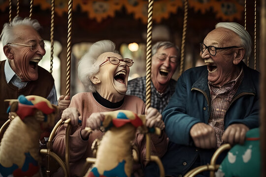 A group of elderly men and women, tourists senior citizens, laughing and enjoying a merry go round in an amusement park, never too old to be young at heart, playful fun, bliss