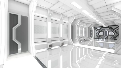 Futuristic white corridor with door in spaceship, sci-fi spaceship interior. 3d rendering