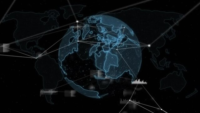 Animation of network of connections and data processing over spinning globe against black background