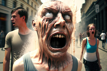 Horror, people are burning and melting in the middle of the street as global warming reach catastrophic proportions, the sun radiaion is severe, skin and eyes melting, blood and liquid, futuristic