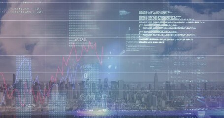 Animation of statistical data processing and light spots against aerial view of cityscape - Powered by Adobe