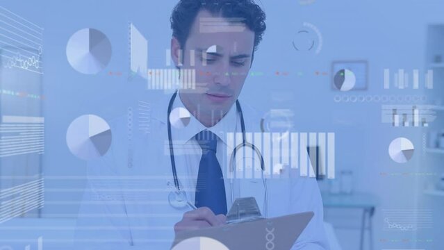 Animation of screen with data processing over caucasian male doctor writing on clipboard at hospital