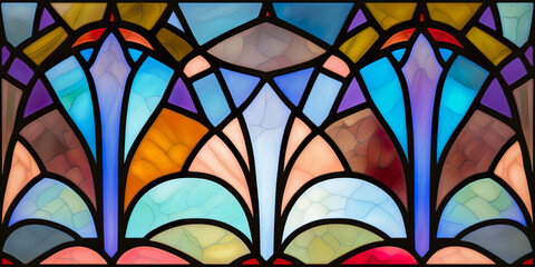 Colorful glowing stained glass, computer generated. abstract background. Stained glass window detail. Generative AI