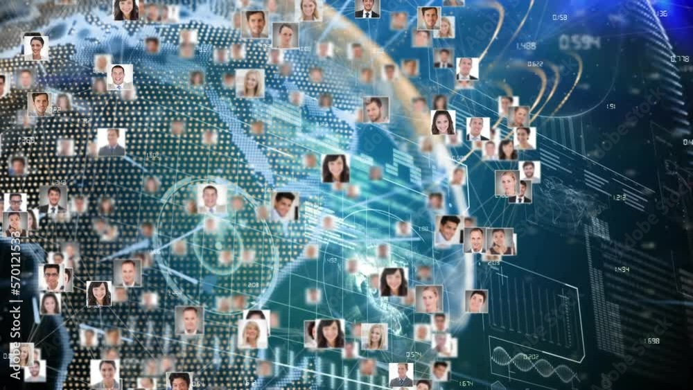 Poster animation of globe of business profile icons spinning against interface with data processing