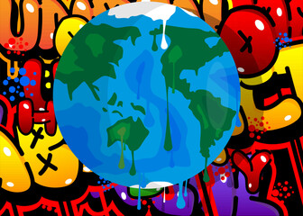 Planet Earth Graffiti. Abstract modern street art decoration illustration performed in urban painting style.
