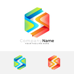 S logo with hexagon design colorful, 3d style icons
