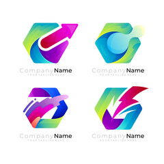 Abstract Hexagon logo and technology icons, arrow, thunder, swoosh logos