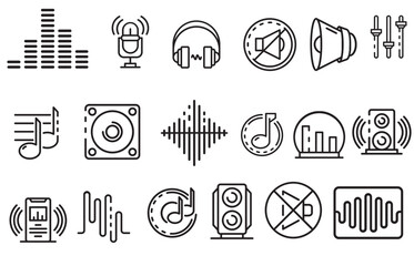 Set vector music icons for audio stores, record studio labels, podcasts and radio stations