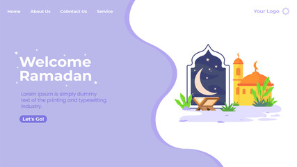 Islamic Concept illustration with Quran and mosque for Ramadan Kareem funneling landing page, web banner, social media advertising, Banner and presentation