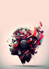 Woman with headphones abstract illustration with copy space, created with Generative AI technology