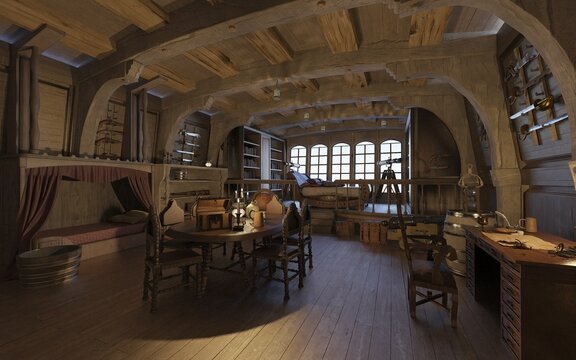 Old Pirate ship cabin interior 3d illustration