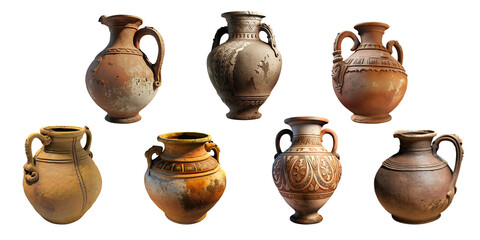 Set of clay and ceramic antique vases. Collection of interior decor items. Terracotta jug. Beige and brown pots. Generative AI - obrazy, fototapety, plakaty