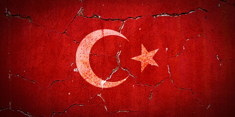 The cracked red wall with a crescent moon and star represents Turkey's flag. Symbolizing earthquake struck Turkey. Support and prayer for earthquake victims in Turkey.
