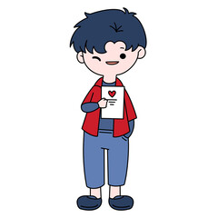 Valentine boy holding letter card color illustration.
