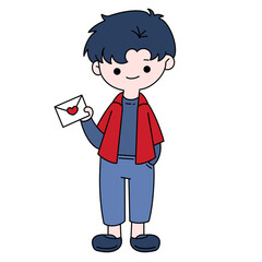 Valentine boy holding letter card color illustration.