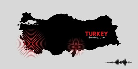Earthquake epicenter in Turkey's silhouette map representing earthquake struck location, infographics. Support and prayer for earthquake victims in Turkey. Illustration.