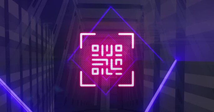 Animation of qr code, neon lines, data processing over servers
