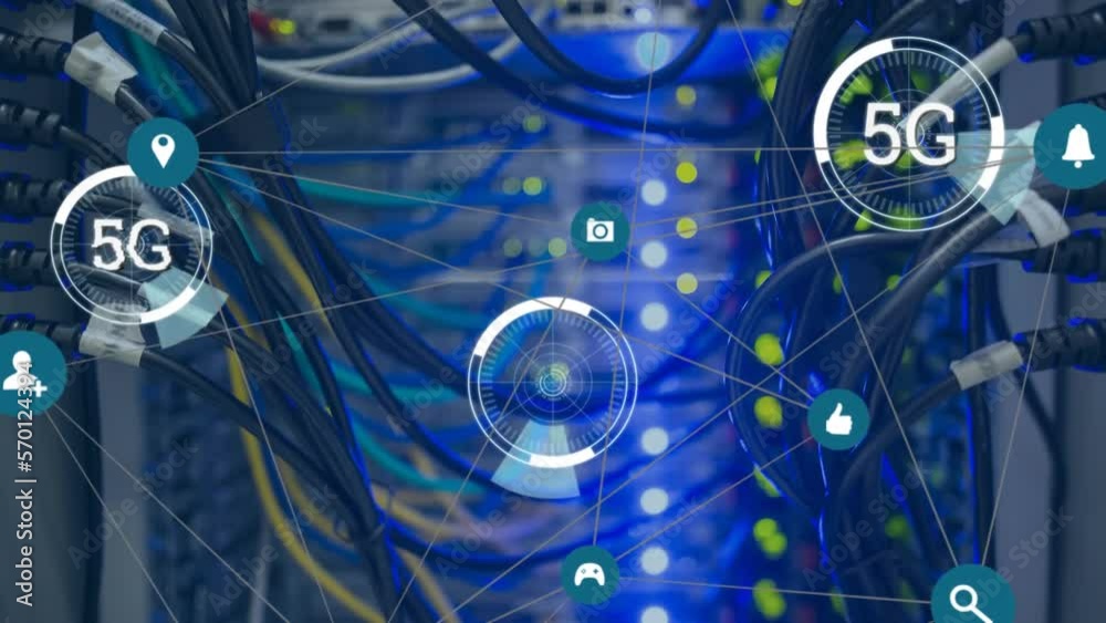 Poster animation of 5g text, scopes and data processing over computer server