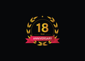 18 year anniversary celebration. Anniversary logo with ring and elegance golden color isolated on black background, vector design for celebration.
