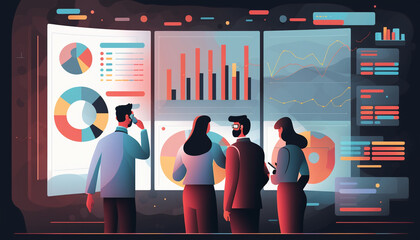 Group of analyst illustration analyzing data and creating insight reports on a business analytics dashboard containing KPIs, charts, and metrics Created by generative AI