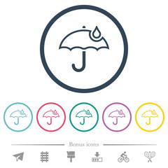 Umbrella with single raindrop outline flat color icons in round outlines