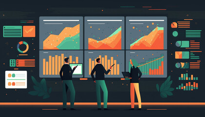 Group of analyst illustration analyzing data and creating insight reports on a business analytics dashboard containing KPIs, charts, and metrics Created by generative AI