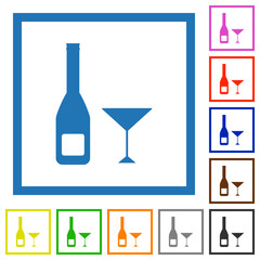 Wine bottle and glass flat framed icons