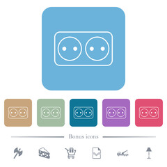 Electrical outlet with two sockets outline flat icons on color rounded square backgrounds