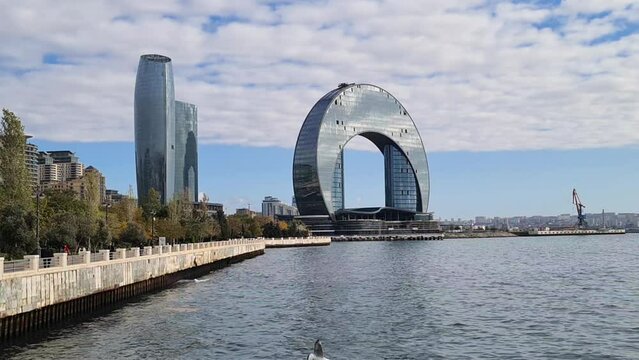 Baku Seaside, Azerbaijan, Crescent Bay Modern Buildings and Milli Park Promenade by Caspian Sea