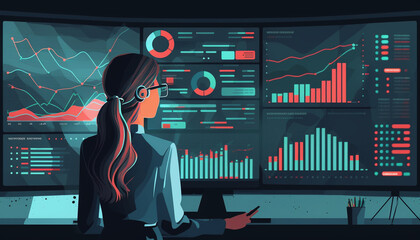 Illustration of Woman analyst analyzing data and creating insight reports on a business analytics dashboard containing KPIs, charts, and metrics Created by generative AI