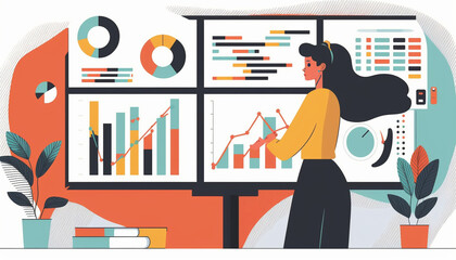 Illustration of Woman analyst analyzing data and creating insight reports on a business analytics dashboard containing KPIs, charts, and metrics Created by generative AI